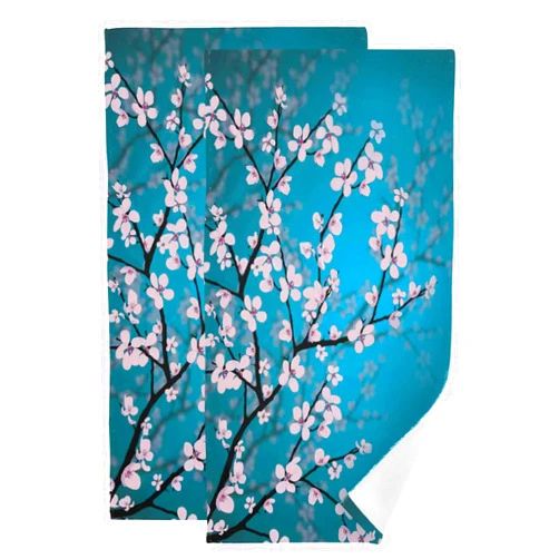 KENADVI Cherry Blossom Hand Towels for Bathroom,Japanese Kitchen Towels Floral Pink Floral Teal Blue Bath Towels 16