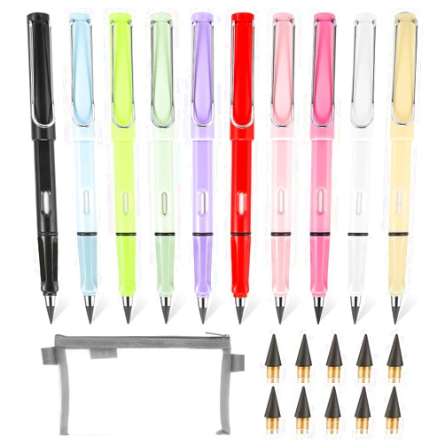 Woledy 10 Pcs Infinity Pencil Forever Pencil,Everlasting Pencil Eternal Inkless Pencils with Pencil Case & 10 pcs Replacement Nibs,Reusable Infinite Pencil for Adult Artist Student