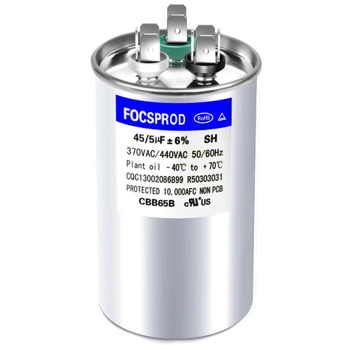 FOCSPROD 45+5 uF 45/5 MFD ±6% 370V/440V CBB65 AC Capacitor, Dual Run Round Capacitor Replacement, 45 5 uF 440 Volt HVAC Capacitor for AC Unit Fan Motor Start or Heat Pump or Condenser Straight Cool