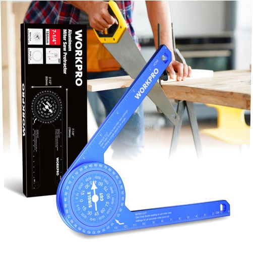 WORKPRO Aluminum Miter Saw Protractor, 7.3 Inch Angle Finder Featuring Precision Laser Engraved Scales for Inside and Outside Corner, Carpenters, Plumbers and All Building Trades, 360° Rotation, Blue