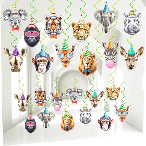 Naozinebi 60PCS Jungle Animals Birthday Decorations Wild One Hanging Swirls Ceiling Streamers Decor Forest Theme Foil Swirls Ceiling for Boys Girls Baby Shower Safari Wild Animals Birthday Party Supplies