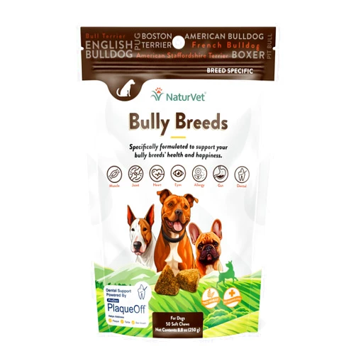NaturVet Bulldog Breed Supplement- for Joint Support, Digestion, Skin, Coat Care- Dog Multivitamins with Minerals, Omega-3, PlaqueOff- Wheat-Free Vitamins for Dogs- Bully Breeds- 50 Soft Chews