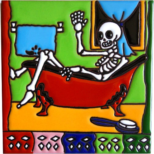 Fine Crafts Imports 6x6 Taking A Bath. Day-of-The-Dead Clay Tile
