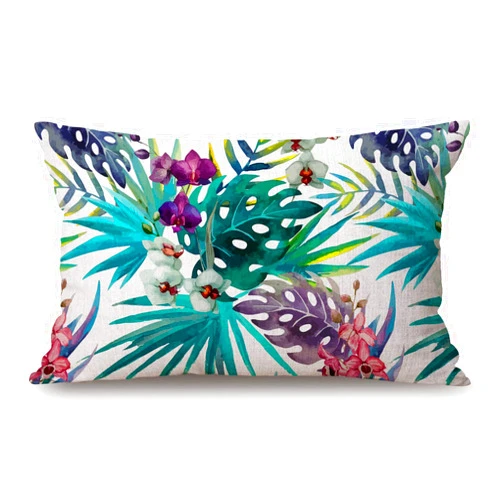 Solekla Tropical Flower Leaves Cotton Linen Throw Lumbar Pillow Case Cushion Cover Home Office Decorative Rectangle 12 X 20 Inches