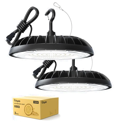 Glitgate LED High Bay Light 150W, 21000lm 5000K High Bay LED Lights(600W MH/HPS Equiv.),UFO Lights with 5ft Cable US Plug for Garage Shop Barn Warehouse, 2 Pack