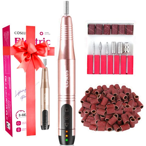 COSLUS Cordless Nail Drill Electric File: Professional for Acrylic Gel Dip Powder Nails Portable Nail Drill Machine Kit for Manicure Pedicure Nail Set with Everything Rechargeable Lightweight Golden