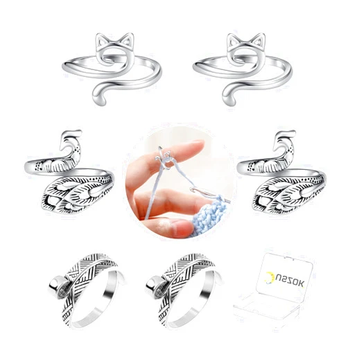 Juszok 6 Pcs Crochet Ring Adjustable Knitting Crochet Tension Ring for Finger Cat Open Yarn Guide Finger Holder Ring for Crocheting Thimbles Crochet Accessories with Box