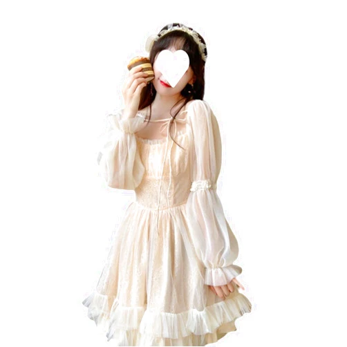 QNNGXX French Fairy Niche Lace Dress Women Long Sleeve Vintage Design New Dress Kawaii Skirt (Color : Apricot, Size : Small)