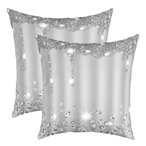 Feelyou Set of 2 Diamond (No Diamond) Outdoor Throw Pillow Covers, Jewelry Grey Cushion Case for Home Living Room Decor, Reversible Bling Party Decorative Throw Cushion Case, 18x18 Inches