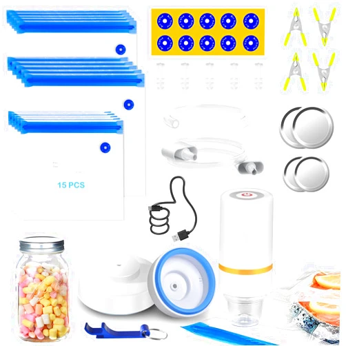 RECAT 46 PCS Electric Vacuum Sealer, Sous Vide Bags, Handheld Mason Jar Vacuum Sealer & 15 PCS Reusable Vacuum Food Storage Bags for Anova, Joule Cookers, 4 Cooking Clips, 5 Sealing Clips