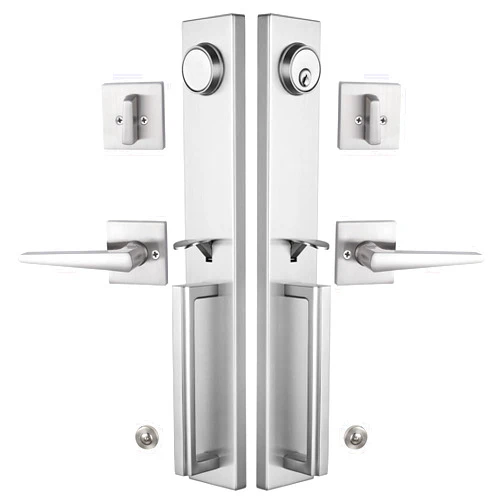 NEWBANG HARDWARE Keyed & Dummy Handleset for Double Front Door, Heavy Duty and Brushed Nickel Finish, USMDHST2016SN-SET