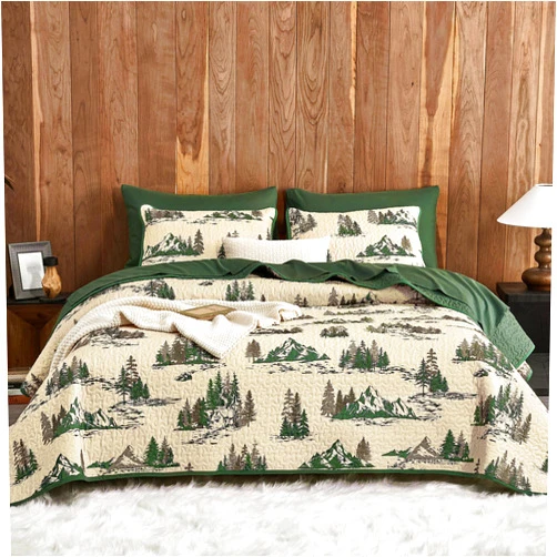 Wake In Cloud - Rustic Quilt Set, Cabin Forest Woodland Camping Theme with Lodge Mountain Print, Reversible Lightweight Bedspread Coverlet, 3 Pieces, Green Brown, Twin/Twin XL Size