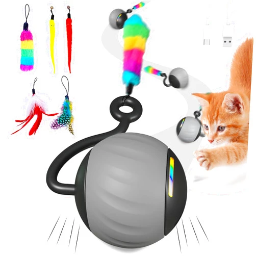 WAKHJAKT Interactive Cat Toys for Indoor Cats, DIY 5 in 1 Automatic Moving Cat Ball Toys/Puppies Toys with LED Rainbow Lights, Smart Sounds&Touch Control Cat Toys,USB Rechargeable (Grey)