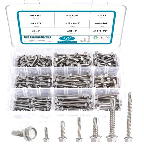 SATANTECH #8#10#14 Self Drilling Screws Assortment Kit,410 Stainless Steel Self Tapping Sheet Metal Screws Hex Washer Head,370Pcs Self Tapping Screws for Metal Wood Plastic,1/2