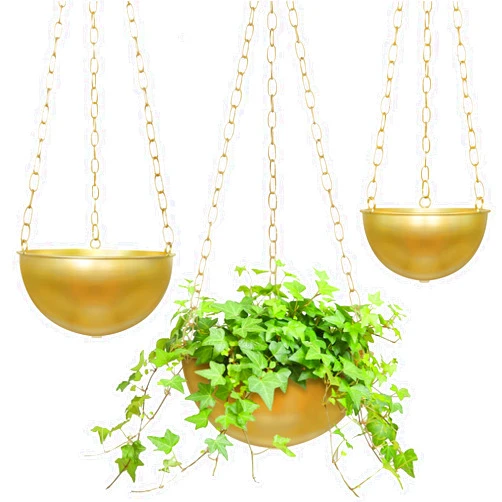 Sinolodo Hanging Pots for Plants Indoor Set of 3-10/8/6 Inch Gold Round Flower Pots with Chains, Metal Hanging Planters with Drainage Hole & Plug for Indoor Outdoor Home Garden Décor