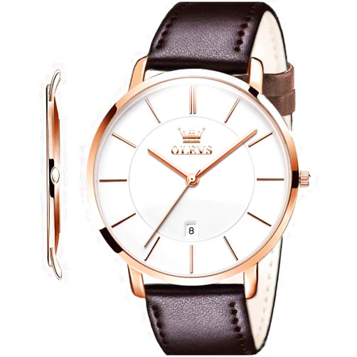 OLEVS Mens Watches Minimalist Ultra Thin Fashion Casual Analog Quartz Date Watch Waterproof Slim Simple Big Face Dress Wrist Watch with Retro Leather Band for Men