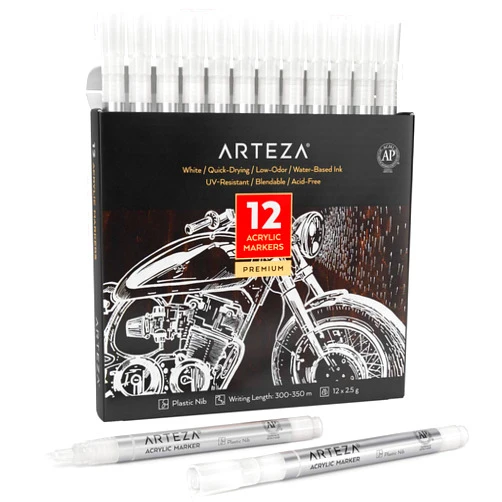 ARTEZA Acrylic Paint Markers, Set of 12 White Acrylic Paint Pen, Art Markers for Glass, Pottery, Ceramic, Plastic, Rocks, and Canvas