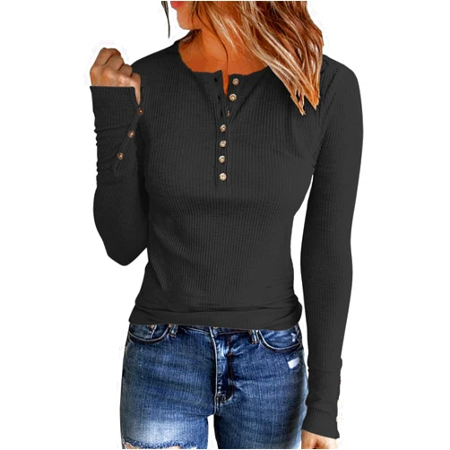 APOFER Womens Long Sleeves Ribbed Knit Tunic Shirts Scoop Neck Button Down Tops Casual Henley Tee Shirt Slim Fit Blouses