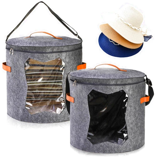 Yopay 2 Pack Hat Storage Boxes for Women, Oversized Round Travel Hat Container with Dust Proof Lid Window, Foldable Stuffed Toys Clothes Brim Hats Storage Organizer Bag Bin, Adjustable Shoulder Strap