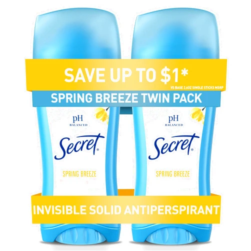 Secret Antiperspirant and Deodorant for Women, 24hr Sweat & Odor Protection, PH Balanced Protection, Gentle on Skin, Invisible Solid, Spring Breeze Scent, 2.6 oz (Pack of 2)