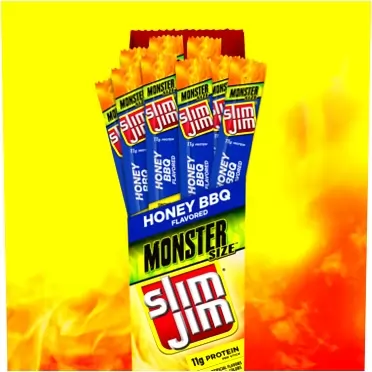Slim Jim Monster Smoked Meat Sticks, Honey BBQ, Packed with Protein, 1.94 Oz. Sticks, 18 Count