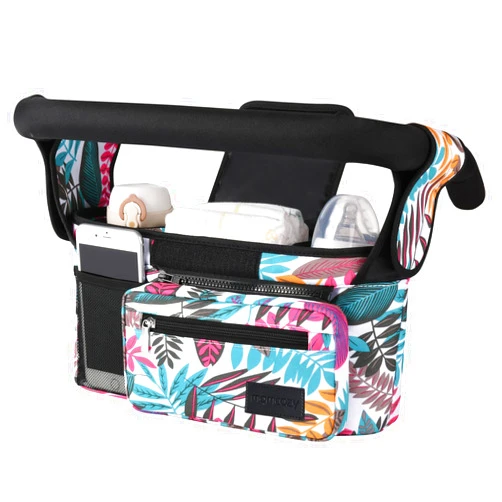 Momcozy Universal Stroller Organizer, 2 Insulated Cup Holders, Removable Zip Pocket, Adjustable Straps, Large Capacity Baby Essentials Compact Design, Fits Any Stroller (Multicolor)