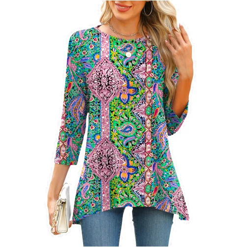 LOMON 3/4 Sleeve Tunic Tops for Women Loose Fit Dressy Casual Blouse Flowy Shirts to Wear with Leggings S-3XL