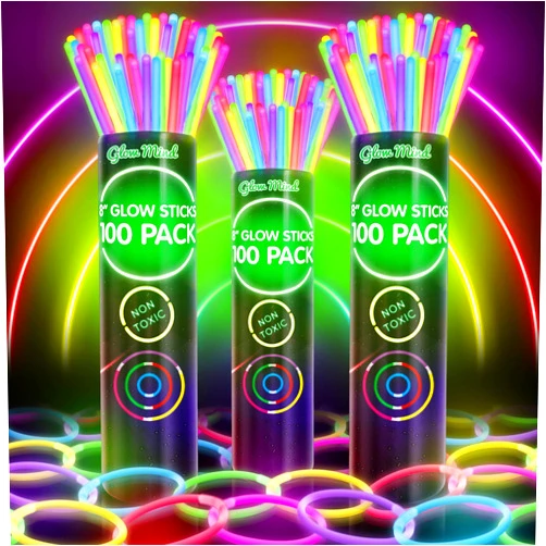 Glow Mind 300 Ultra Bright Glow Sticks Bulk - Halloween Glow in the Dark Party Supplies Pack - 8
