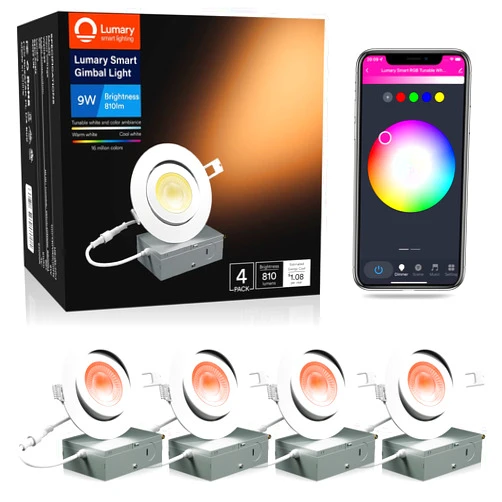 Lumary 4 Inch Gimbal Smart Wifi Recessed Lights - 9W 810 Lumens RGB Color Changing, 2700K to 6500K LED Ceiling Gimble Spotlights Work with Alexa/Google Assistant ETL Certified IC Rated 4 Pcs