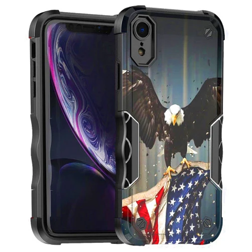 Cass Creations Case Compatible with iPhone XR, Hybrid Shockproof Bumper Protective Phone Cover - American Bald Eagle Flying with Flag