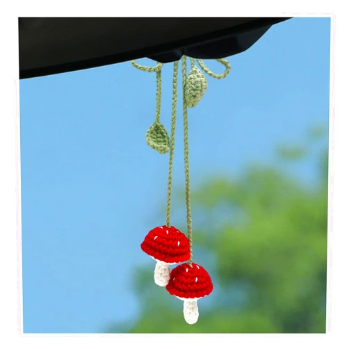 Ohleats 2 PCS Crochet Mushroom Car Charm, Handmade Crocheted Simulated Mushroom Car Hanging Ornament, Crochet Stereoscopic Botanical Bag Decoration Car Charms, Car Accessories