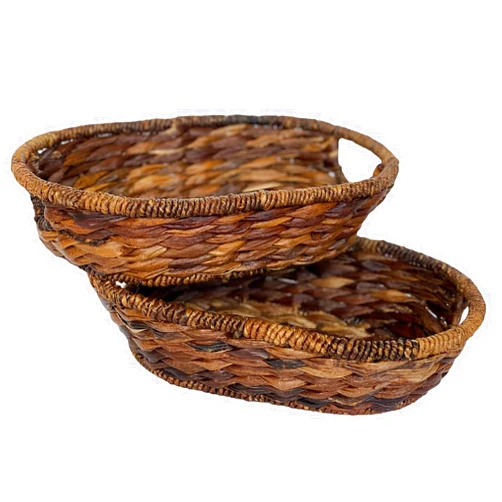 WRIGHTMART Handwoven Natural Wicker Abaca Decorative Oval Baskets - Set of 2, for Storage, Organization, Serving Bread, Fruit, Perfect for Table, Kitchen, Bathroom Counters, 10