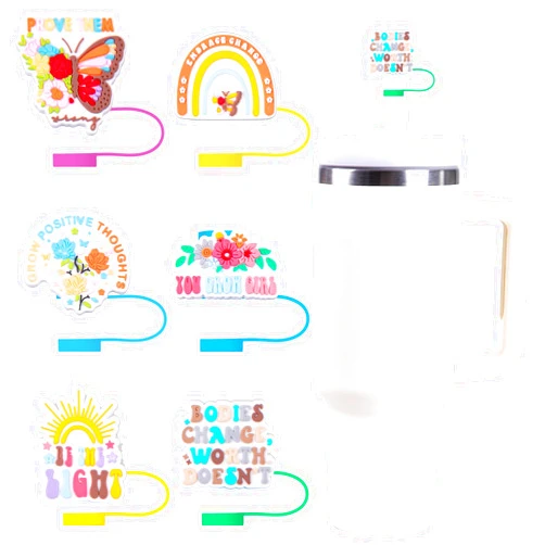 Heyfibro Straw Cover, 6 PCS Straw Topper Compatible with 30&40 Oz Tumbler Accessoires, 10mm Cute Words Drinking Straw Lids