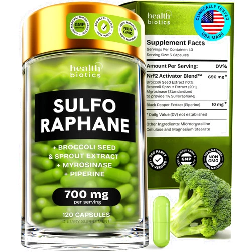 Healthbiotics Sulforaphane Supplement Organic Broccoli Sprouts | Stabilized Sulforaphane Kids & Adult | from Broccoli Florets & Seeds | Organic Sulfur Supplements 120 Pills | 1 Pack