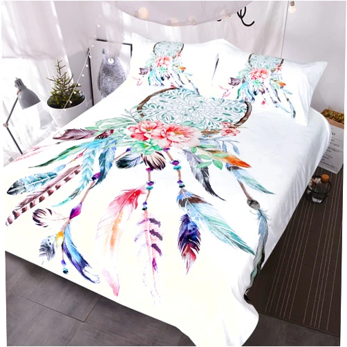 BlessLiving Big Dreamcatcher Colors Bedding, 3 Piece Dream Catcher Duvet Cover Set, Boho Doona Cover Hippie Bedspread Coverlet (Twin, White)