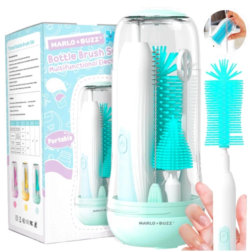 Marlo & Buzz Electric Baby Bottle Brush Cleaner Set, Rechargeable Waterproof Silicone Brushes with Large Bottle Brush, Nipple Brush, Straw Brush, Milk Stirrer, Drying Rack (Green)