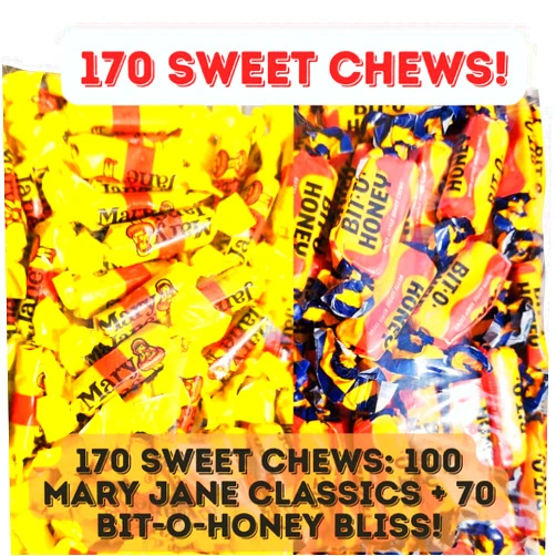 Vipgloa Sweets Bit O Honey and Mary Jane Individually Wrapped Candy. 170 Total Classic Retro Chewy Candy Variety Pack for Parties and Nostalgic Treats Bundle with VIPGLOA Refreshing Mini Hand Towels and Carabiner