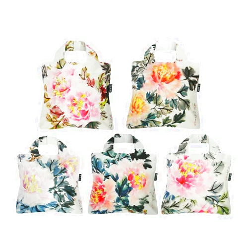 Envirosax Reusable Grocery Bags-Fashionable Shopping Tote Bag Set of 5 China-chic Design Peony Multicolored