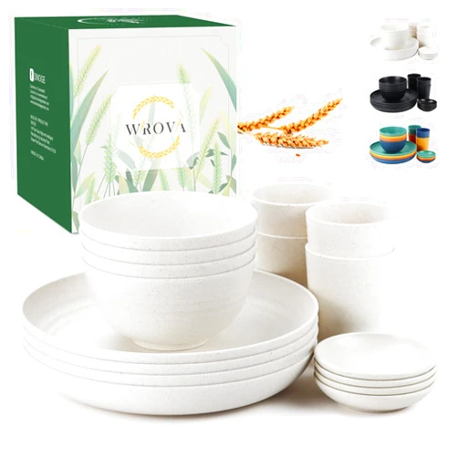 Wrova Wheat straw bowl and plate sets of 16 with cups - Unbreakable plastic dinnerware sets for kitchen - Microwave and Dishwasher safe dish sets for kitchen,camping,indoors and out doors. White