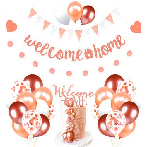 BANBALLON Welcome Home Banner And Cake Topper Decorations Rose Gold Glitter Dot Circle Garland Triangle Flag Banner Welcome Balloons For Welcome Back Party Housewarming Party Supplies (01)