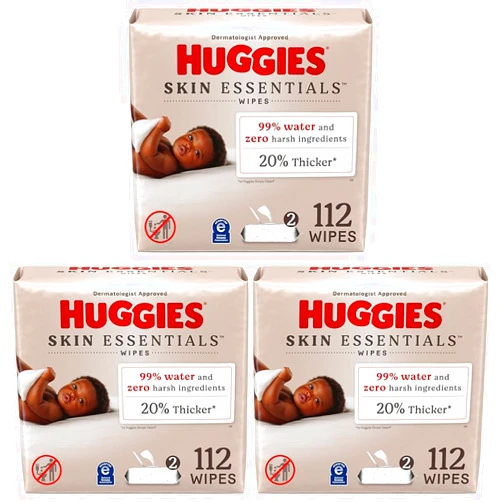Huggies Skin Essentials Baby Wipes, Hypoallergenic, 99% Water, 2 Flip Top Packs (112 Wipes Total) (Pack of 3)