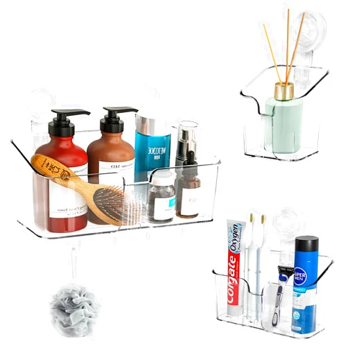 HYBRIDEAS Clear Shower Caddy Suction Cup Shelf Organizer with Hooks Removable Shower Basket Light Luxury Style Punch-Free Dorm Wall Storage Rack for Kitchen Bathroom Set of 3