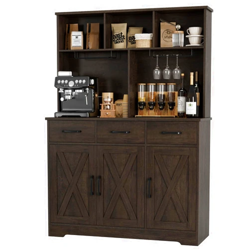 HOSTACK Buffet Cabinet with Hutch, Modern Farmhouse Kitchen Buffet Sideboard Storage Cabinet with 3 Drawers, Barn Door Coffee Bar Station, Liquor Cabinet for Dining Room, Living Room, Dark Brown