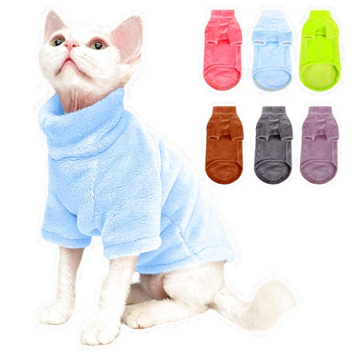 SUNFURA Turtleneck Sweater Coat for Cat, Sphynx Cat Clothes Cat Pajamas for Cats Only, Kitten Fleece Pullover Sweaters with Sleeves, Pet Warm Jumpsuit Cat Sweatshirt for Cold Weather, Blue M
