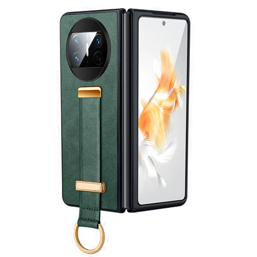 KVIBEO Leather Case for Huawei Mate X3, Shockproof Case Kickstand Extendable Wristlet Anti-Fingerprint Back Cover,Green