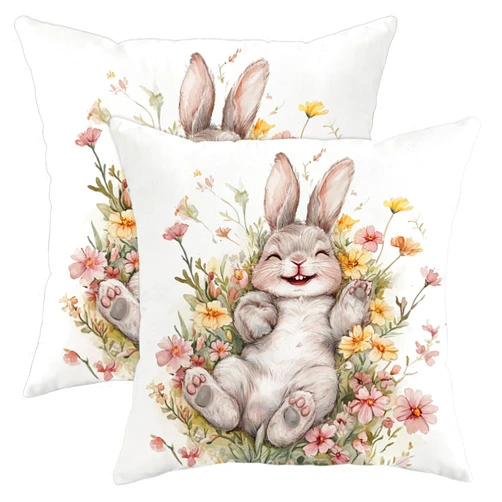 GDHBLING Cute Kawaii Bunny Pillow Cases Kit of 2, Soft Funny Flower Floral Printing Throw Pillow Covers 18x18 Set, Spring Rabbit Velvet Decor for Couch Living Room Bed