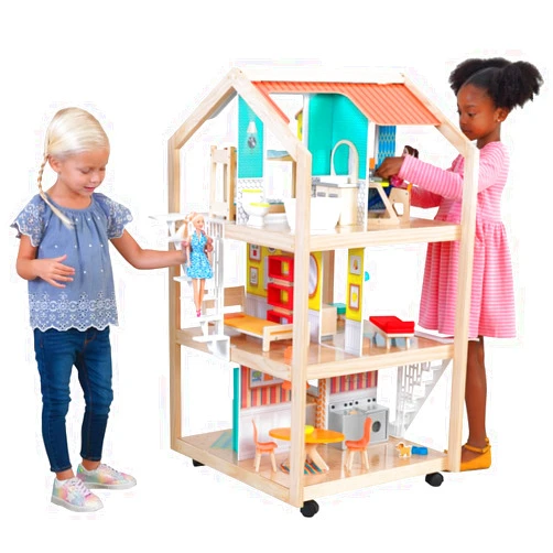 KidKraft So Stylish Mansion Wooden Mid-Century 360-Play Dollhouse with Wheeled Base and 42 Accessories, Gift for Ages 3+