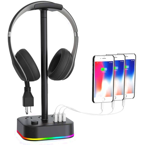 Gamenote RGB Headphone Stand & Power Strip 2 in 1 Desk Gaming Headset Holder with 3 USB Charging Ports and 3 Power Outlets Earphone Hanger Accessories for Desktop Gamer