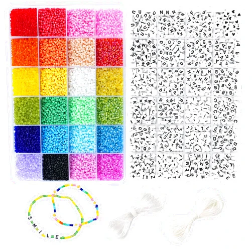 DICOBD 21600pcs 2mm 12/0 Glass Seed Beads Craft Beads Kit and 1200pcs Letter Alphabet Beads for Friendship Bracelets Jewelry Making Necklaces and Key Chains with 2 Rolls of Cord