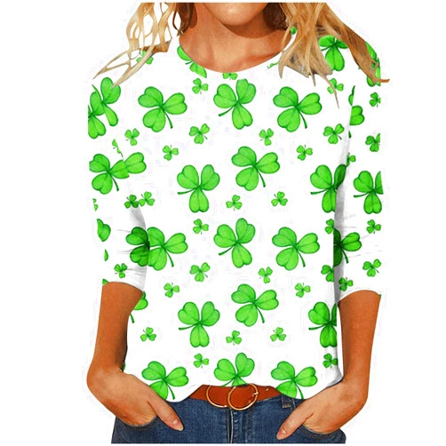 Ceboyel Women St Patricks Day Shirt 3/4 Sleeve Tshirt Blouses Funny Shamrock Irish Shirts Tops Lucky Outfits Clothes
